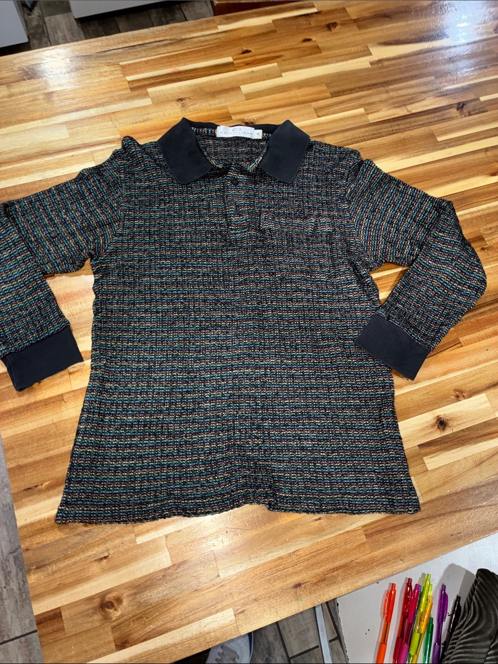 Balenciaga Multicolor Knit Long Sleeve Polo with Black Collar